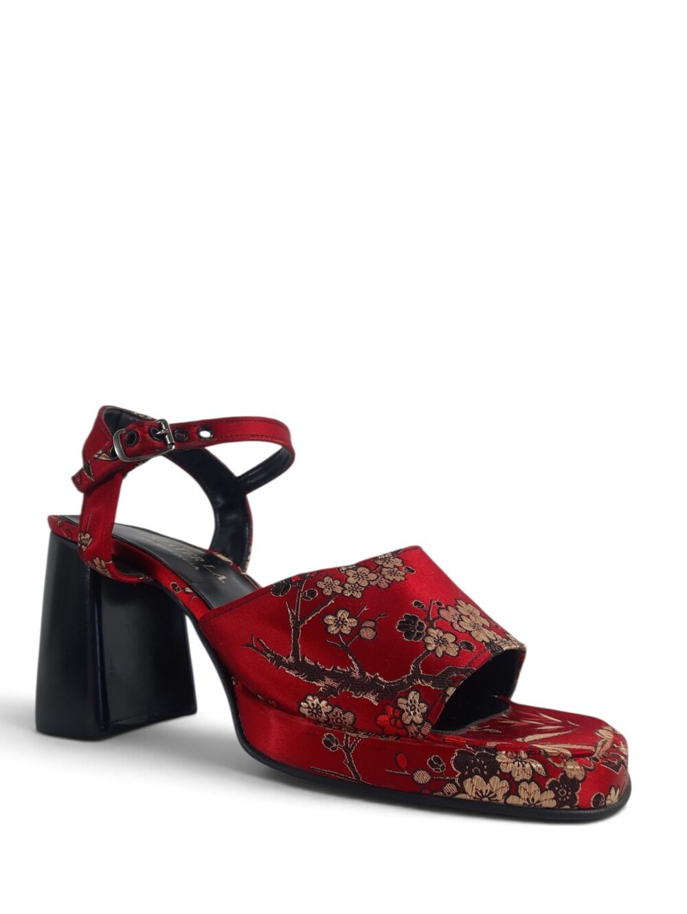 New Y2K GREATER L.A. Platform Heels Sandles Asian Red Satin Floral MCM Vtg 7